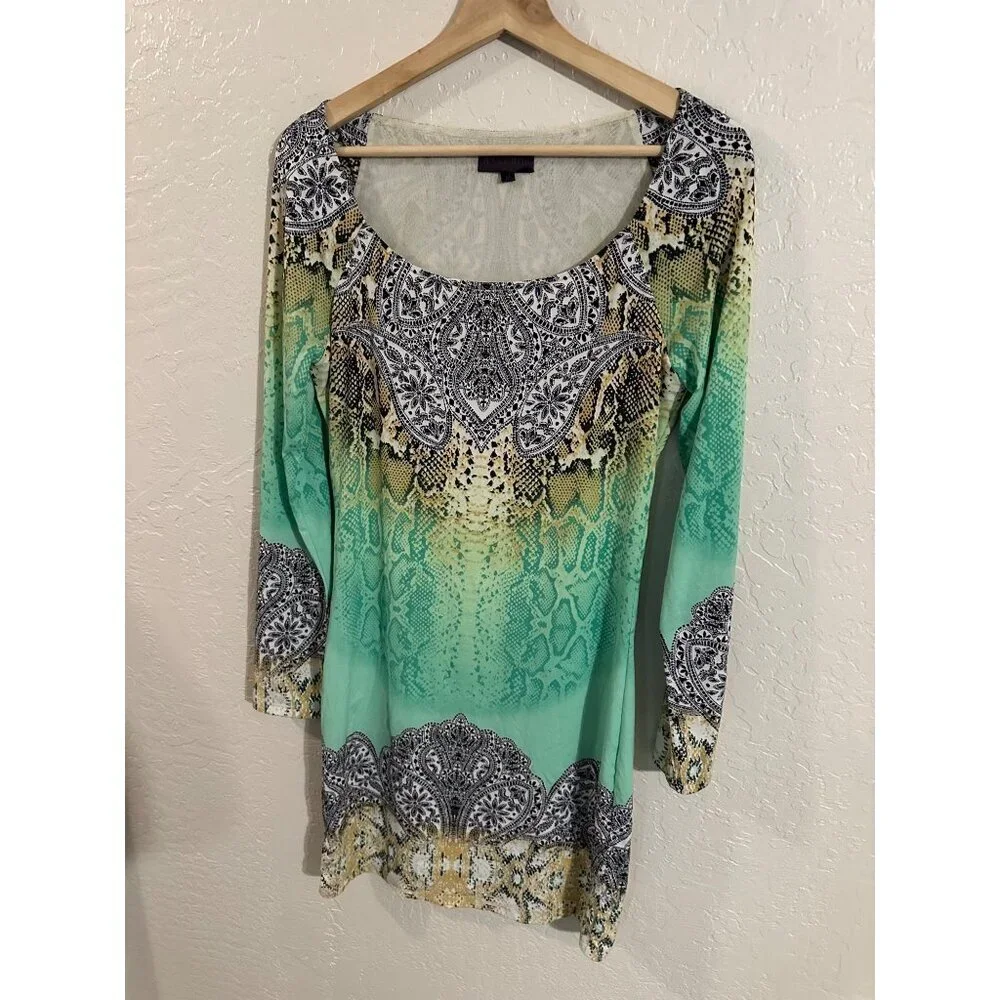 Y Hale Bob Long Sleeve Paisley Python Leopard Snake Print Mini Shift Dress - Picture 2 of 10